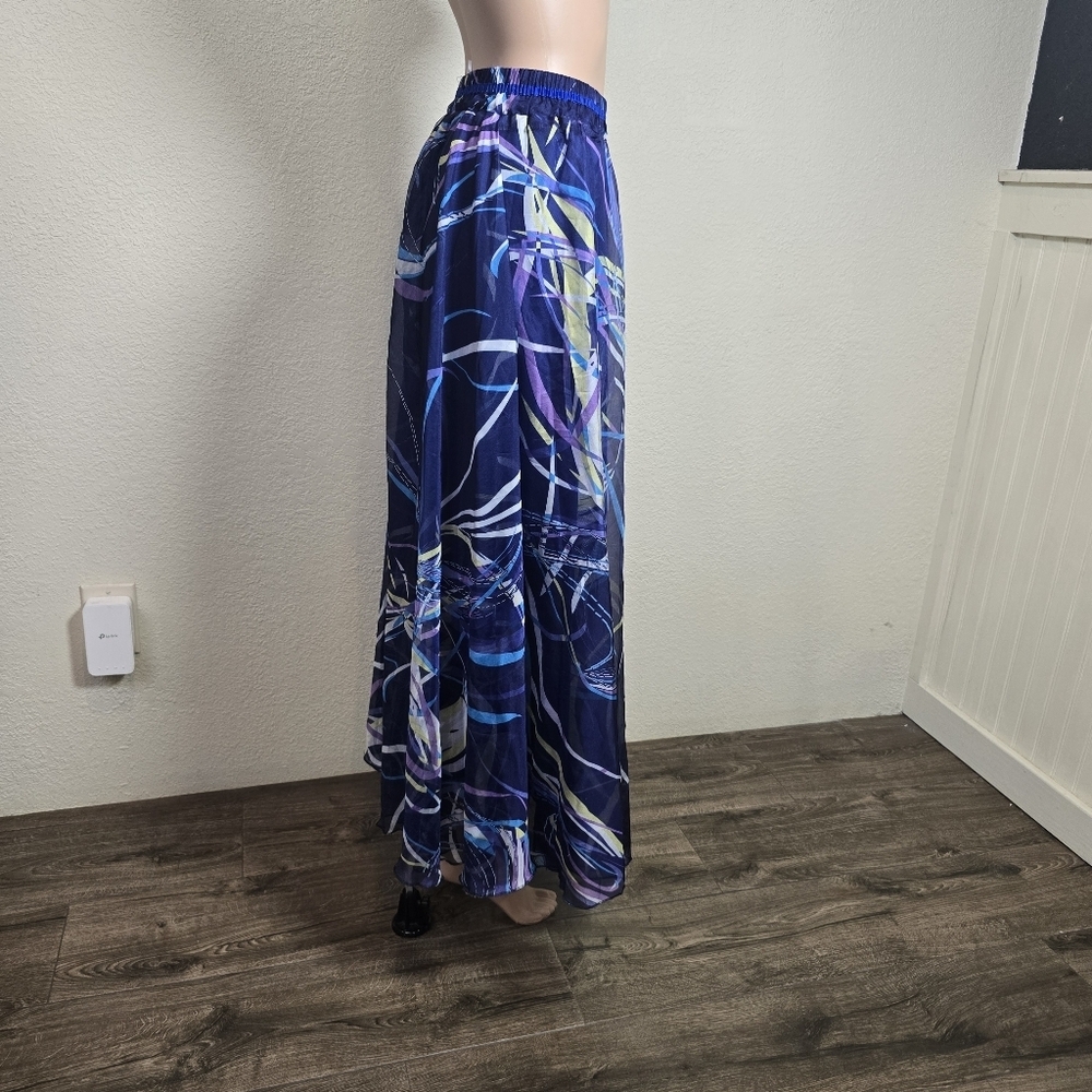 Afibi Skirt Women's Chiffon Lined Size L/xl Maxi Skirt Elastic Waist Blue I - Picture 3 of 8